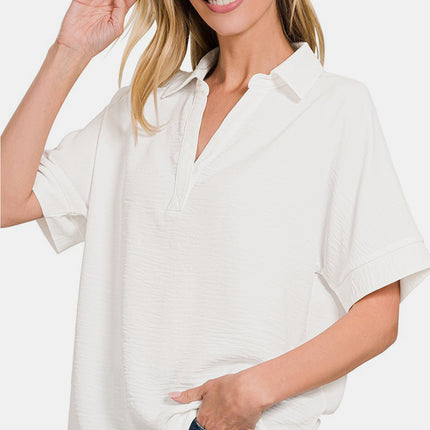 Zenana Texture Collared Neck Short Sleeve Top