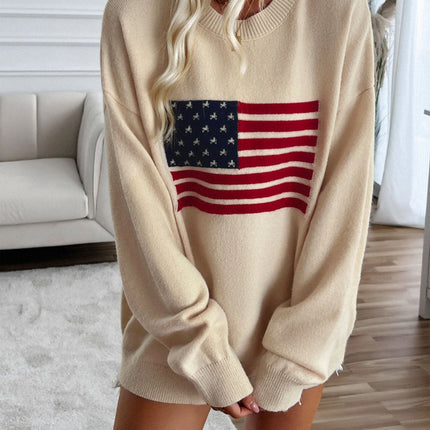 Devine US Flag Round Neck Long Sleeve Knit Top - Vickie Lynn's