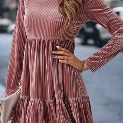 Ruffle Hem Round Neck Long Sleeve Dress