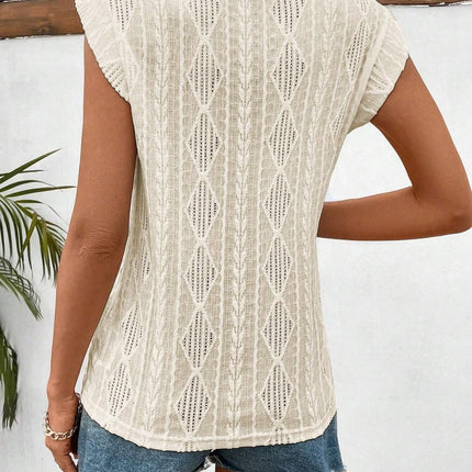 Openwork Round Neck Cap Sleeve Top