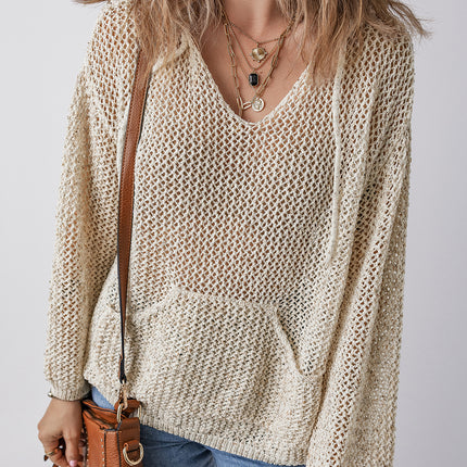 Openwork Dropped Shoulder Hooded Knit Top - Vickie Lynn's