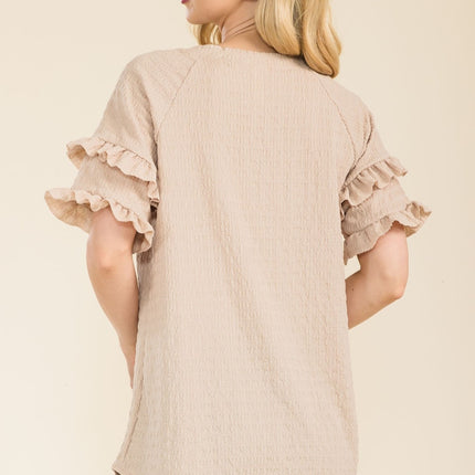 Celeste Full Size Ruffle Short Sleeve Texture Top