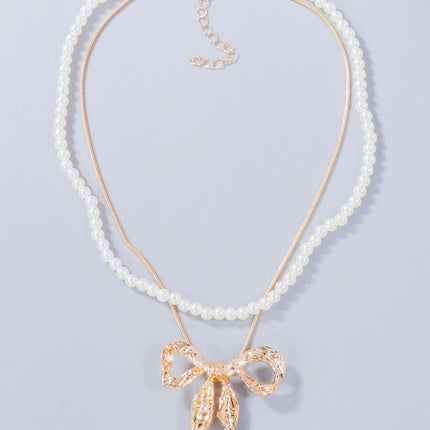 Synthetic Pearl Necklace, Bow Necklace and Bow Earrings Jewelry Set