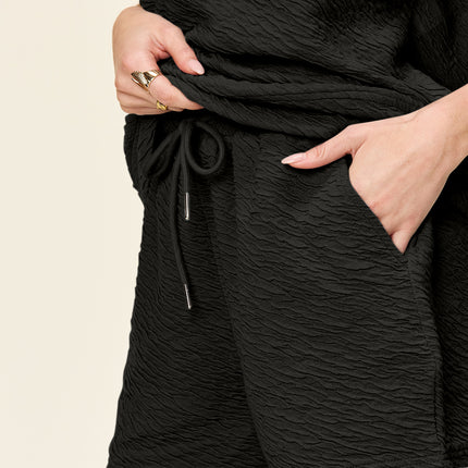 Double Take Full Size Texture Short Sleeve T-Shirt and Drawstring Shorts Set - Vickie Lynn's