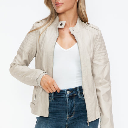 Snobbish PU Leather Biker Jacket with Side Zip Pockets