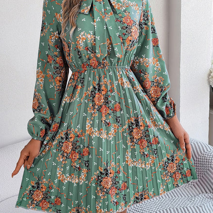Pleated Printed Tie Neck Long Sleeve Dress