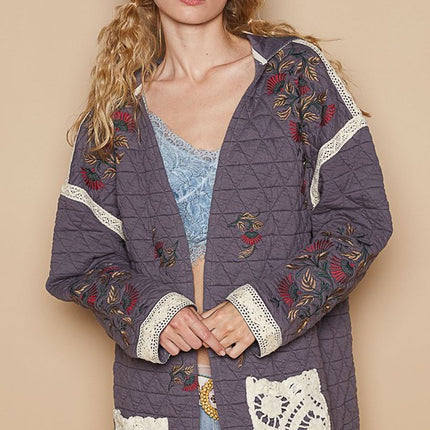 POL Embroidered Open Front Quilted Jacket with Crochet Pockets