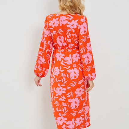 Printed Surplice Long Sleeve Midi Dress