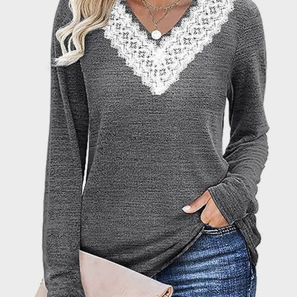 Lace Detail V-Neck Long Sleeve T-Shirt