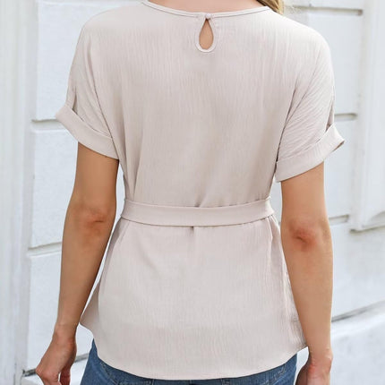 Tied Pleated Round Neck Short Sleeve Top