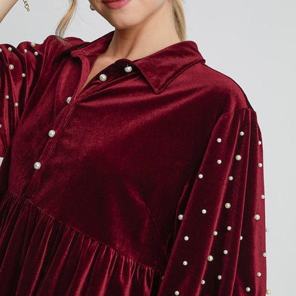 Umgee Pearl Detail Collared Neck Velvet Babydoll Blouse