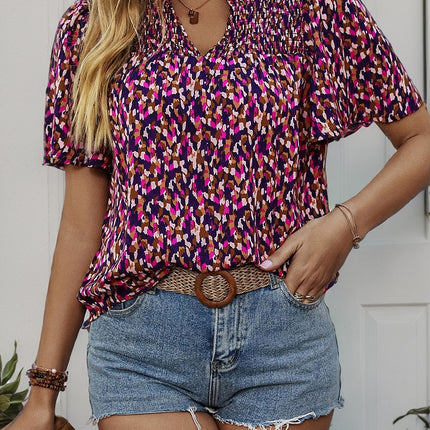 Printed Notched Flutter Sleeve Blouse