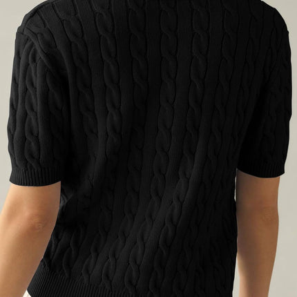 Cable-Knit Collared Neck Half Sleeve Sweater