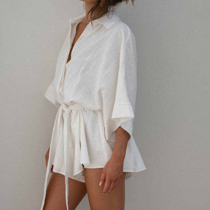 Tied Button Up Collared Neck Romper