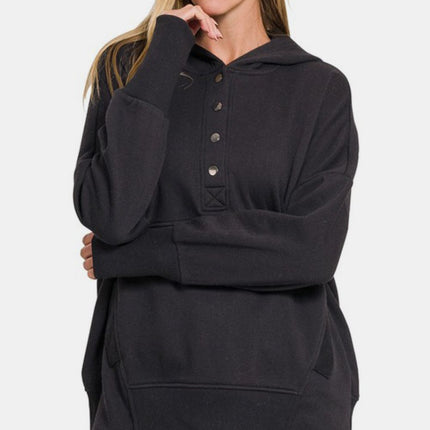 Zenana Half Snap Long Sleeve Hoodie with Kangaroo Pocket