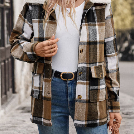 Perfee Pocketed Plaid Button Up Collared Neck Jacket