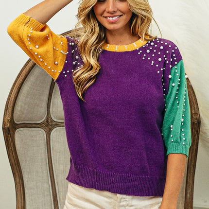 BiBi Color Block Pearl Detail Round Neck Sweater