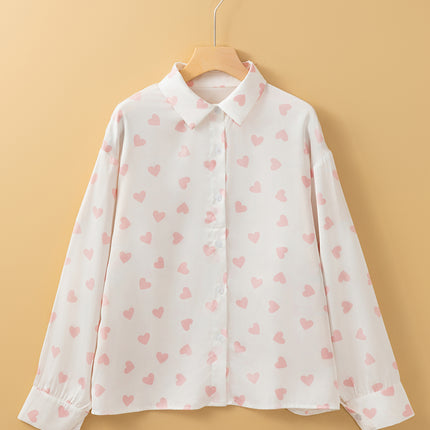 Heart Print Collared Neck Long Sleeve Shirt