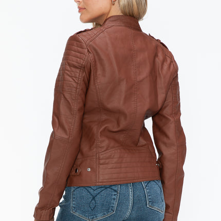 Snobbish PU Leather Biker Jacket with Side Zip Pockets