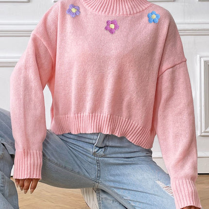 Flower Turtleneck Long Sleeve Sweater