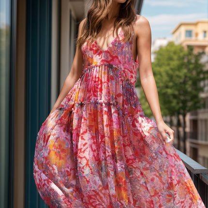 Tiered Printed V-Neck Sleeveless Dress