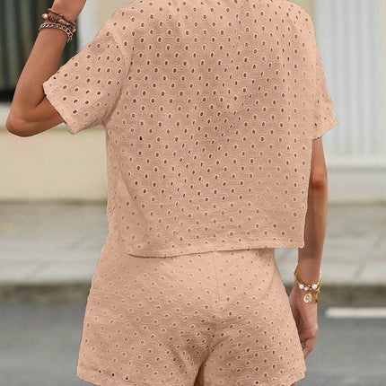 Eyelet Notched Short Sleeve Top and Shorts Set