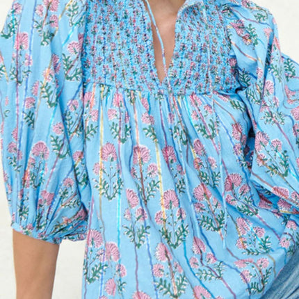 Smocked Floral Print Tie Neck Blouse