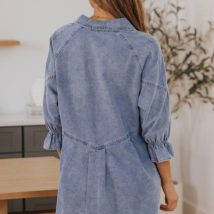 Collared Neck Flounce Sleeve Denim Mini Dress