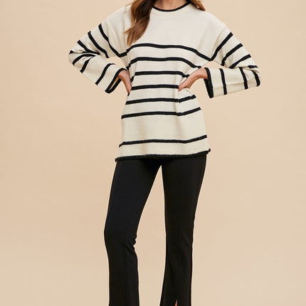 Annie Wear Side Slit Striped Round Neck Sweater