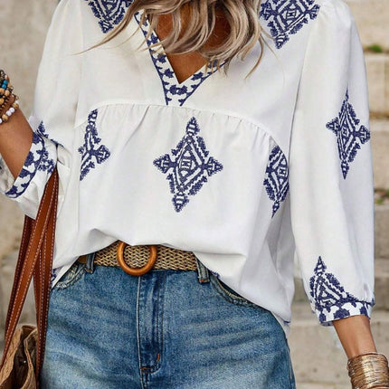 Printed V-Neck Three-Quarter Sleeve Blouse