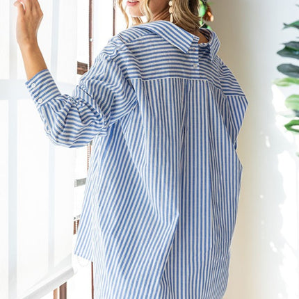 First Love Striped Button Down High-Low Hem Shirt