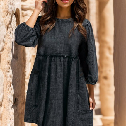 Round Neck Balloon Sleeve Mini Denim Dress