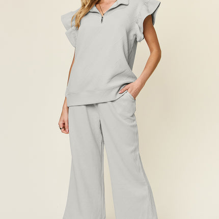 Double Take Texture Ruffle Short Sleeve Top and Drawstring Wide Leg Pants Set