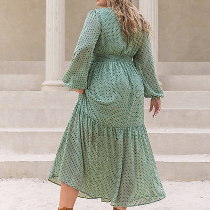 Plus Size Tassel Printed Tie Neck Long Sleeve Midi Dress