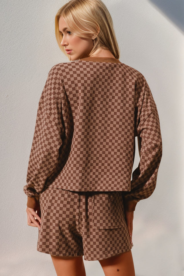 Double Take Checkered Half Button Top and Shorts Set - Vickie Lynn's