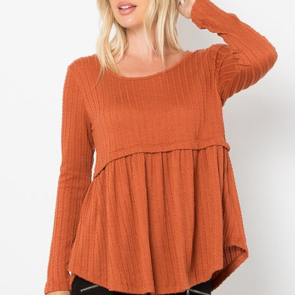 Be Stage Full Size Texture Babydoll Round Neck Long Sleeve Knit Top