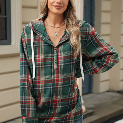 Drawstring Plaid Hooded Long Sleeve Top