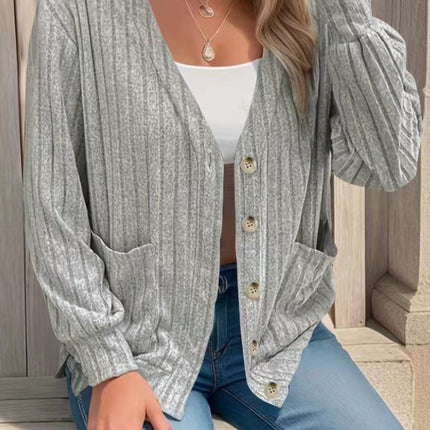 Full Size Button Up V-Neck Long Sleeve Cardigan