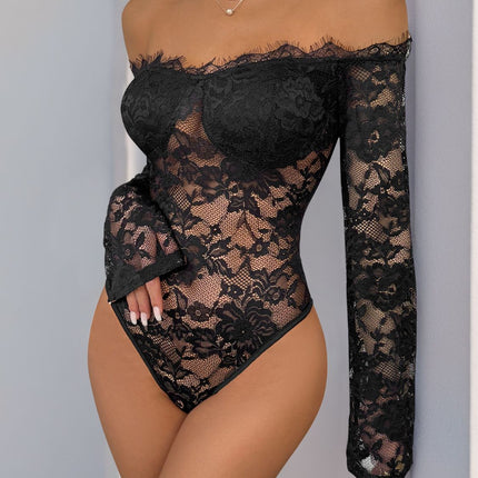 Perfee Lace Off-Shoulder Long Sleeve Bodysuit