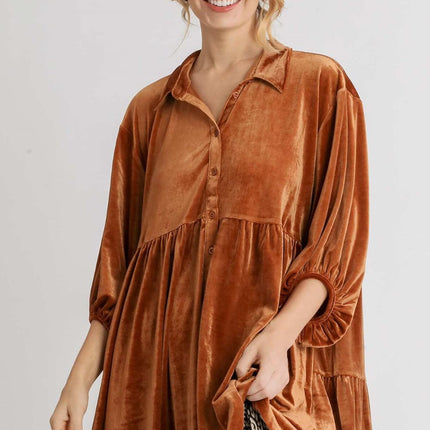 Umgee Full Size Button Down Tiered Back High Low Shirt