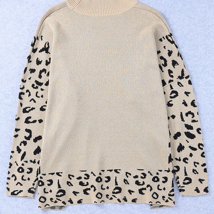 Slit Leopard Mock Neck Dropped Shoulder Sweater