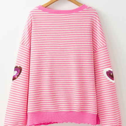 Valentine’s Day Sequin Heart Striped Round Neck Long Sleeve Sweatshirt