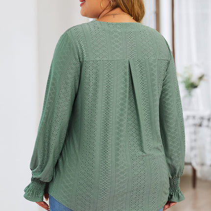 Plus Size Eyelet Notched Flounce Sleeve Blouse