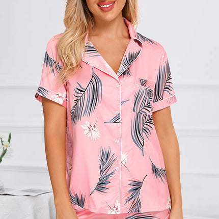 Printed Button Up Short Sleeve Top and Shorts Lounge Set