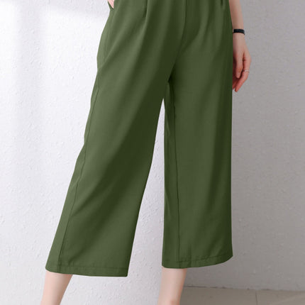 Full Size Pocketed Half Elastic Waist Pants