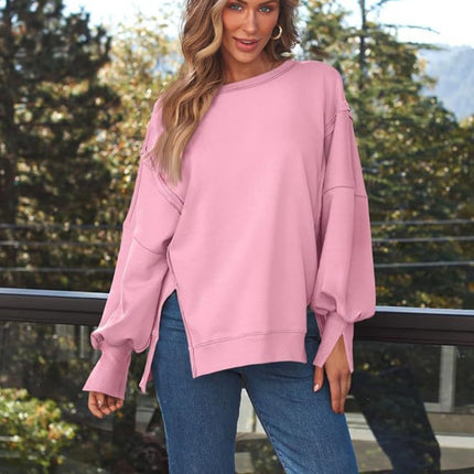 Slit Round Neck Long Sleeve Sweatshirt - Vickie Lynn's