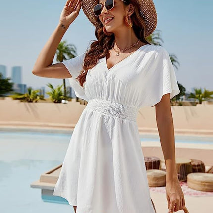 Smocked V-Neck Short Sleeve Dress