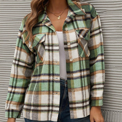 Plaid Collared Neck Long Sleeve Jacket