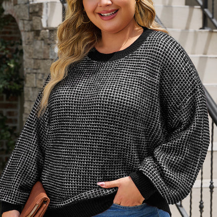 Plus Size Waffle-Knit Round Neck Dropped Shoulder Sweater