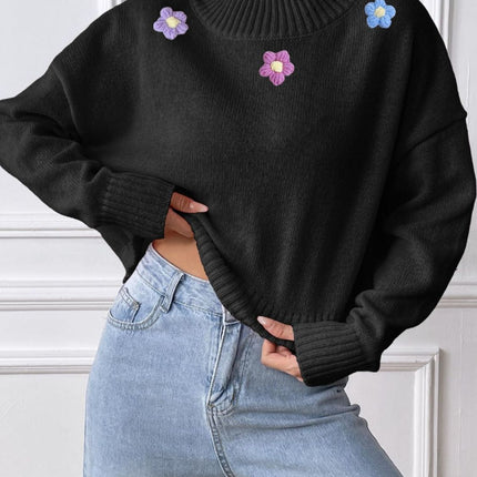 Flower Turtleneck Long Sleeve Sweater